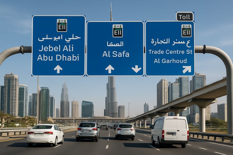 Dubai toll road infrastructure with clear signage and vehicles