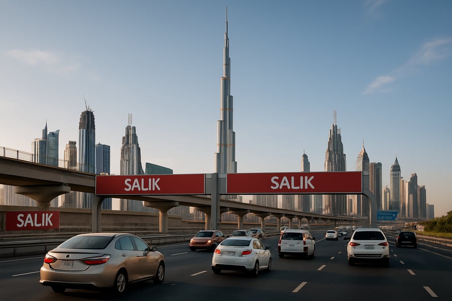 Dubai toll road skyline with vehicles