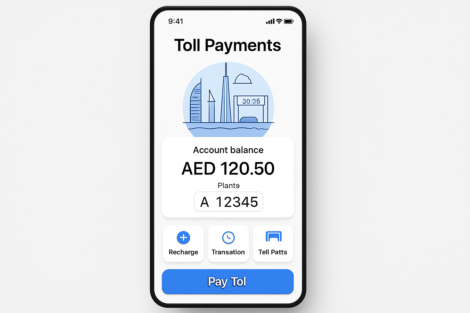 Mobile app interface for managing toll payments in Dubai